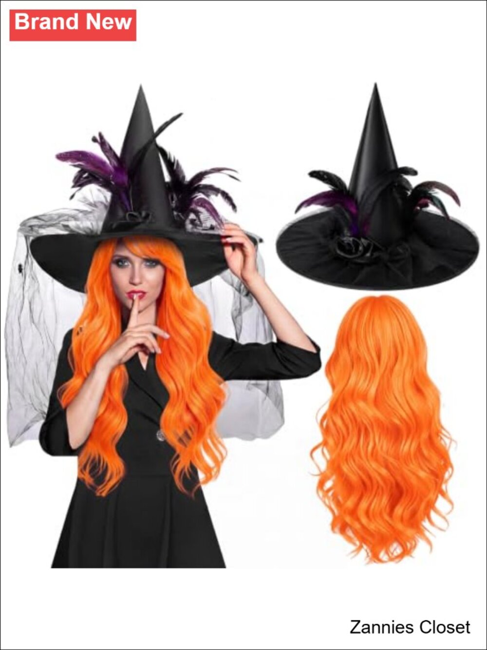 👻 Halloween Witch Hat Costume Set Women Lace Feather Veil Long Wig Cosplay